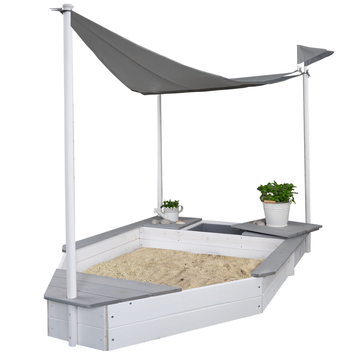 Schiffs-Sandkasten weiss / grau aus Holz mit Dach