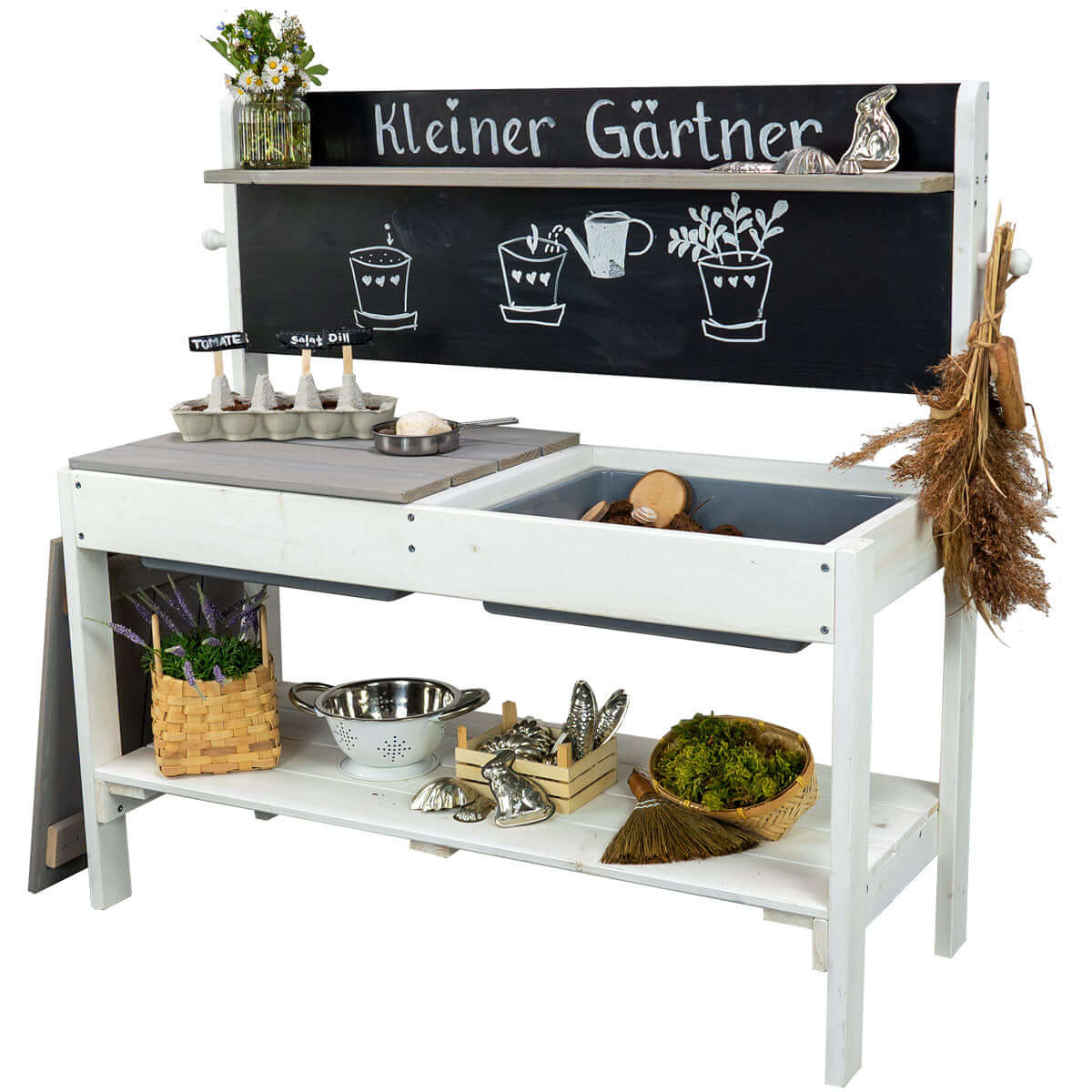 weiss graue Matschküche aus Holz für Kinder