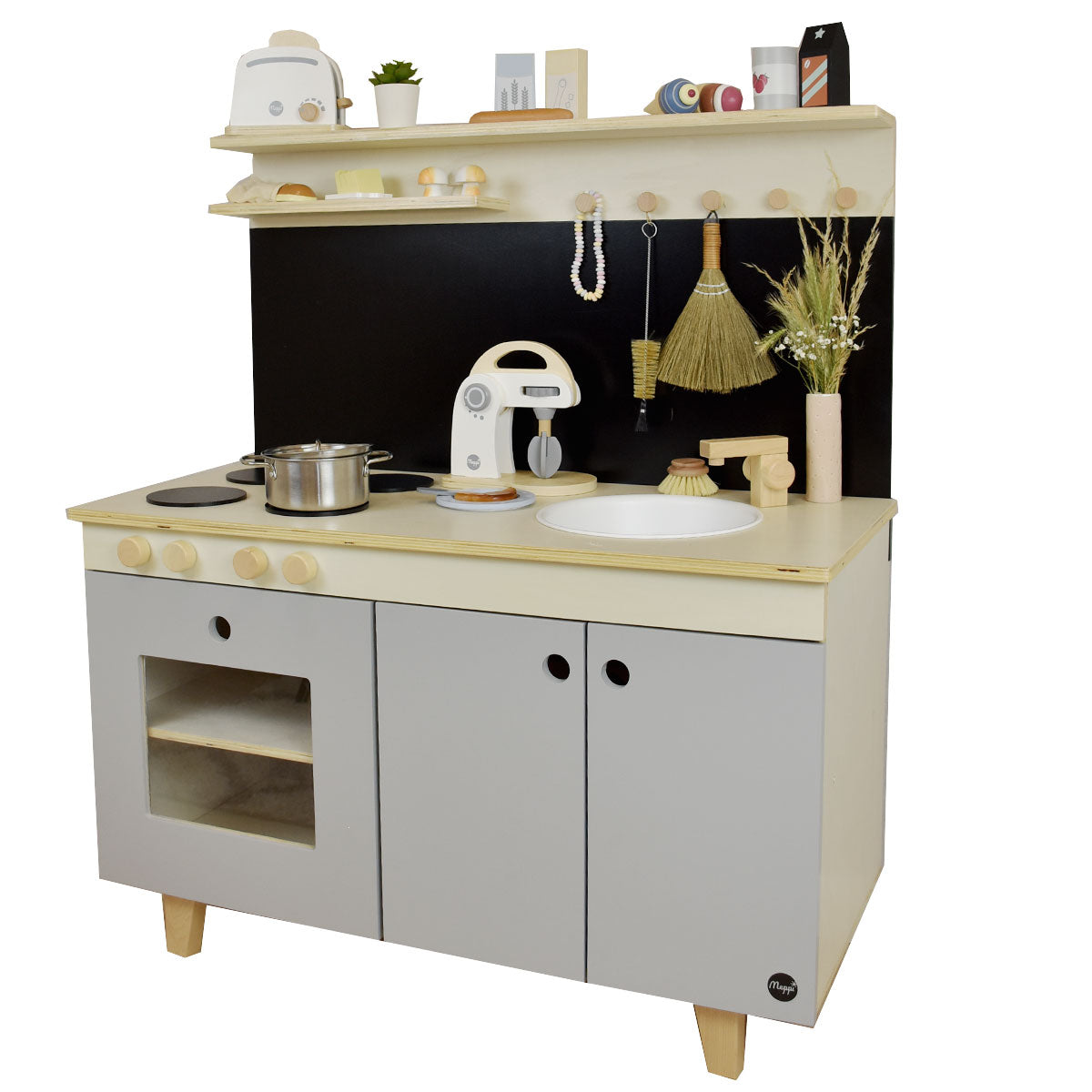 Grau Natur Kinderküche aus Holz mit Tafel