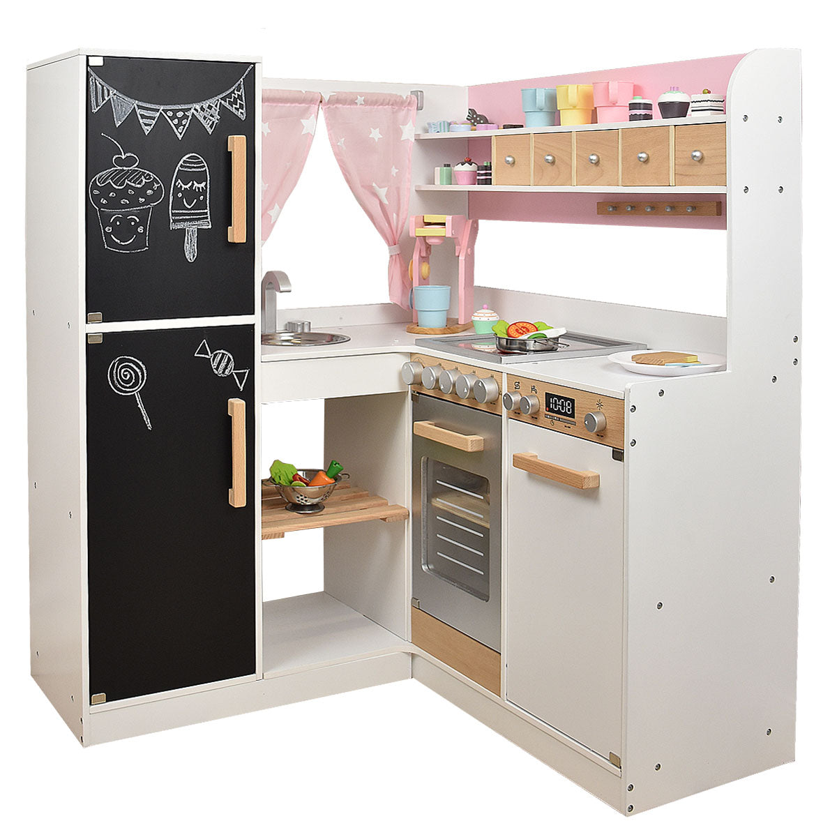 Eck-Kinderküche aus Holz, rosa